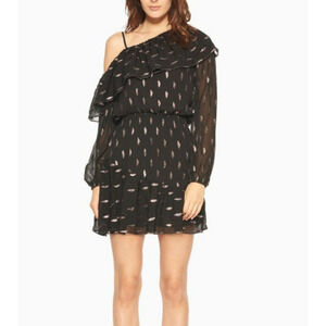Parker Mini Dress Womens XS Black Silk Blend One Shoulder Metallic Design Party
